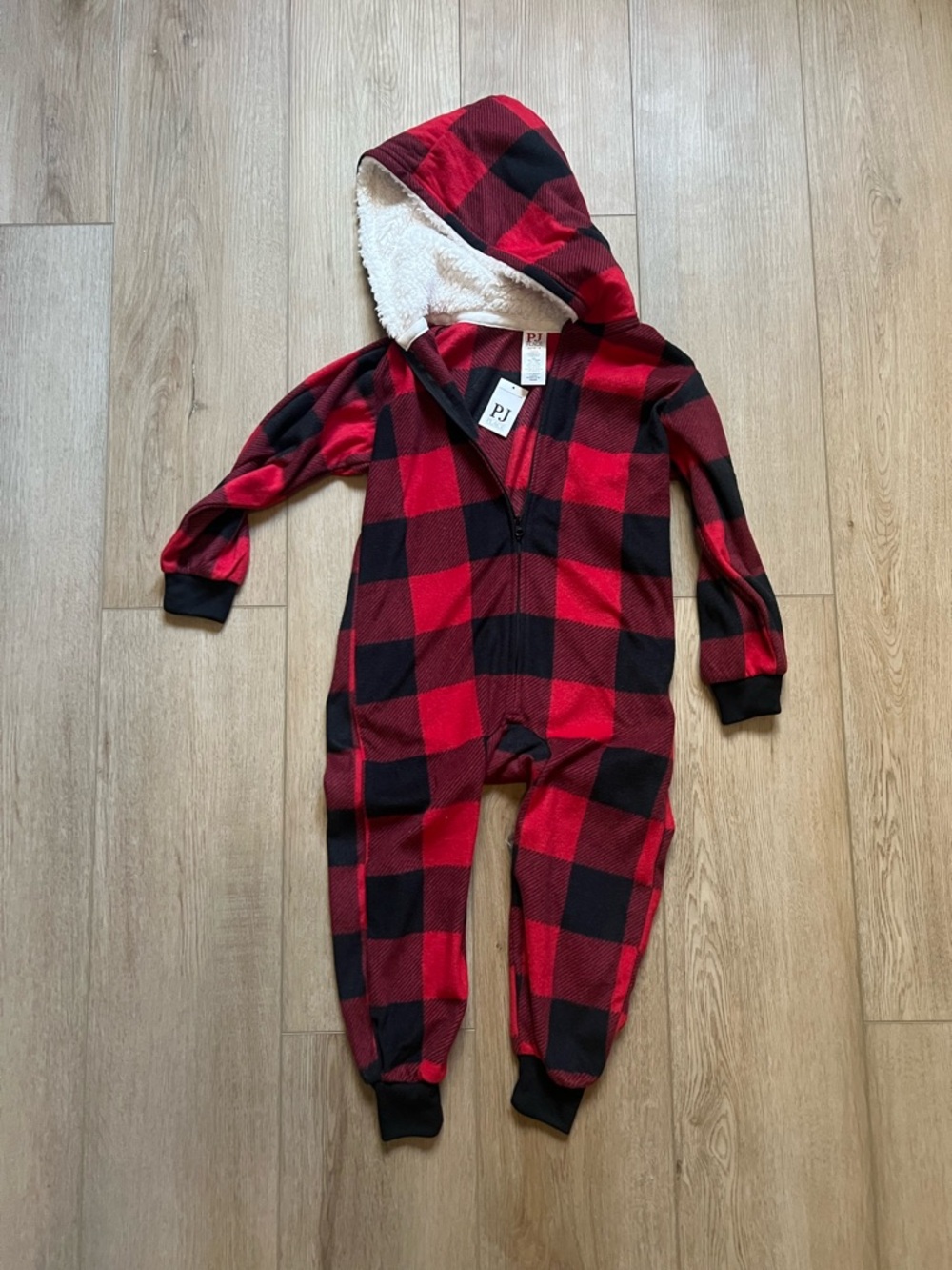 NWT 4/5 Toddler Boy Buffalo Plaid Hooded One-Piece Fleece Pajamas